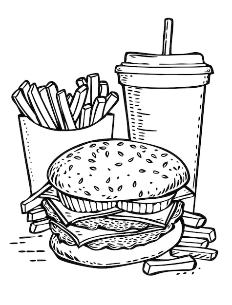 un dibujo de una hamburguesa y papas fritas con una taza de café