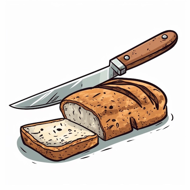 Un dibujo de una hogaza de pan con un cuchillo al lado.