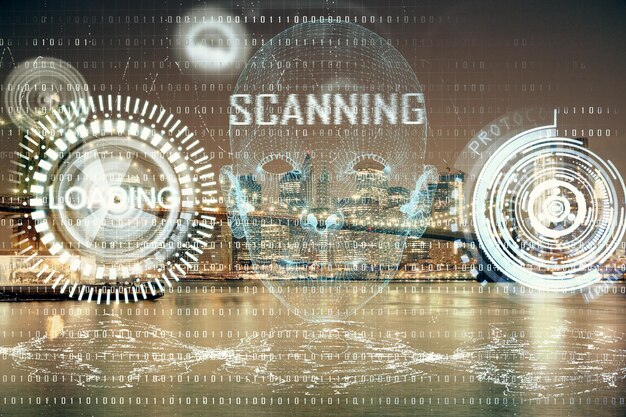 Dibujo de holograma de tema de datos en la vista de la ciudad con concepto de Ai de exposición múltiple de fondo de rascacielos