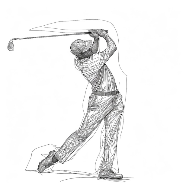 Foto un dibujo de un hombre balanceando un club de golf con un tee