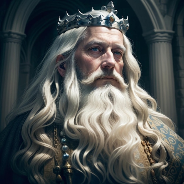 Un dibujo de un hombre con una barba larga y una corona.