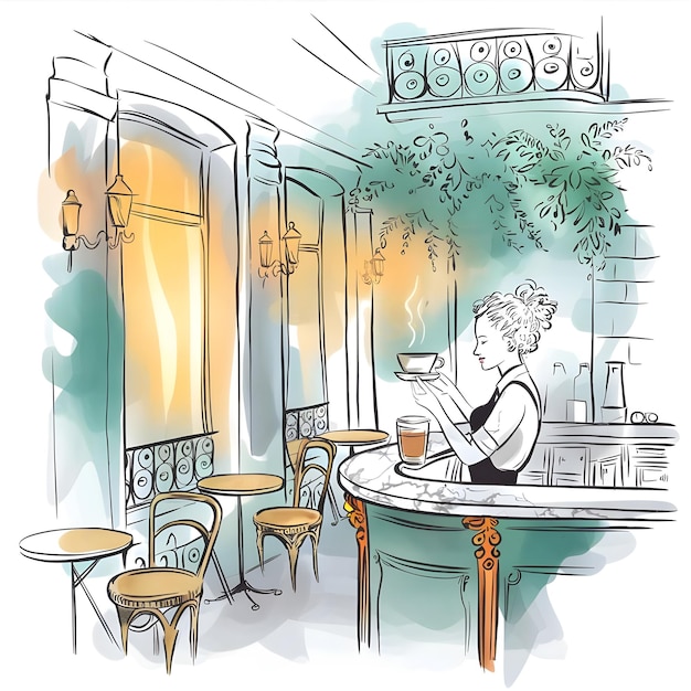 un dibujo de un hombre bebiendo una bebida de una taza