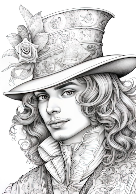 un dibujo de un hombre con el cabello rizado largo con un sombrero con una flor en él.