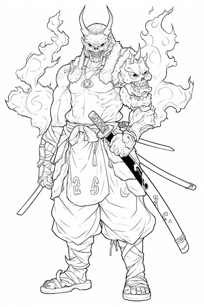 un dibujo de un hombre con cara con cuernos y una espada ai generativo