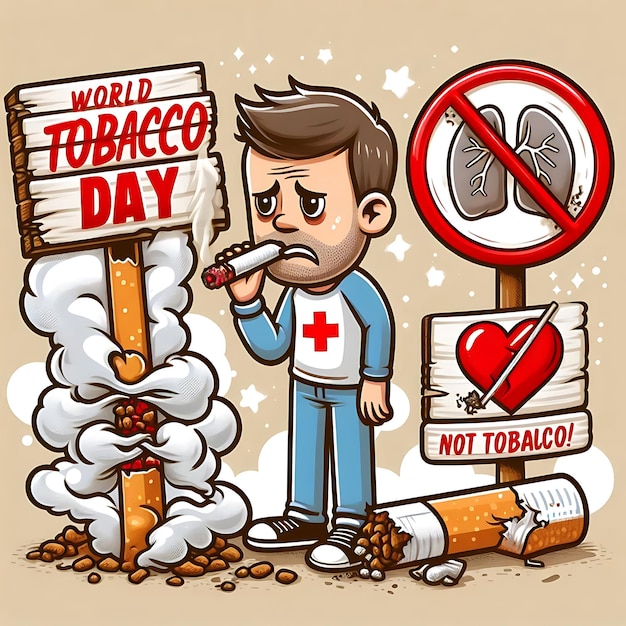 Foto un dibujo de un hombre comiendo un cigarrillo junto a un letrero que dice día del tabaco