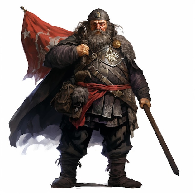 un dibujo de un hombre con una espada y una bandera roja