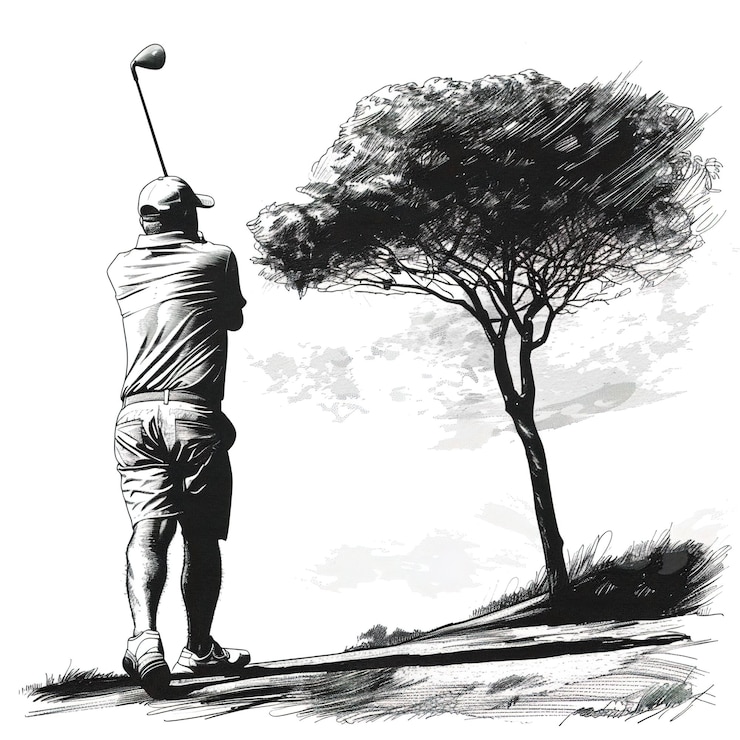 Foto un dibujo de un hombre jugando al golf con un árbol en el fondo