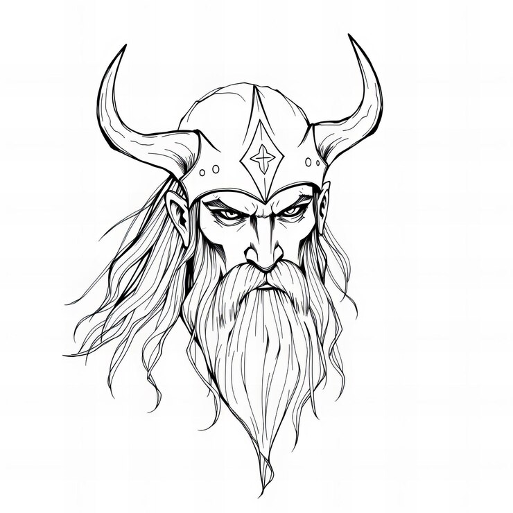 un dibujo de un hombre con una larga barba y cuernos