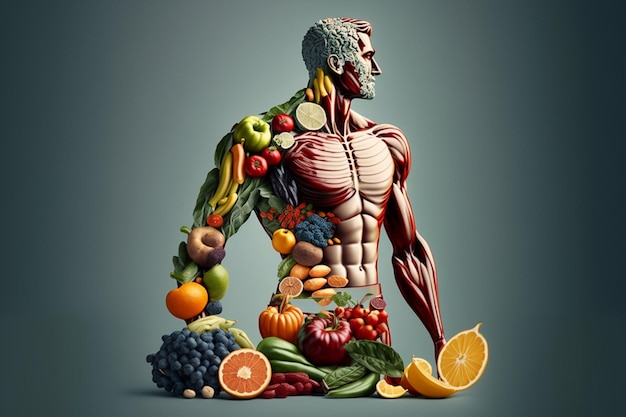 Un dibujo de un hombre con muchas frutas y verduras.