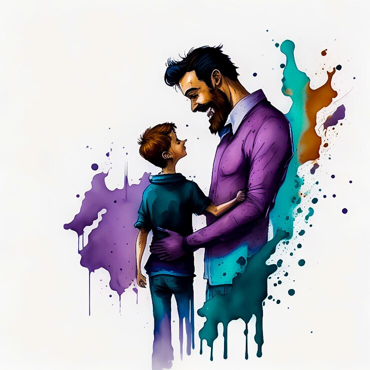Un dibujo de un hombre y un niño con cabello morado y una camisa morada.