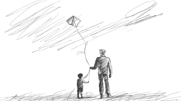 un dibujo de un hombre y un niño volando una cometa