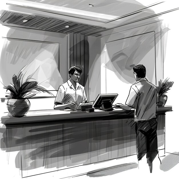 un dibujo de un hombre en un restaurante con una olla de flores en el mostrador