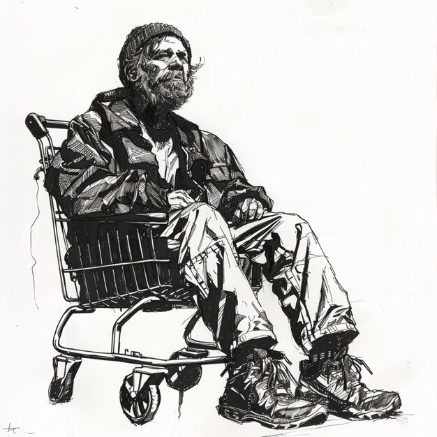 Foto dibujo de un hombre sentado en un carrito de compras con un bastón generativo ai