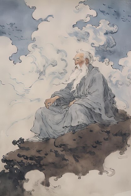 un dibujo de un hombre sentado en una roca en el agua