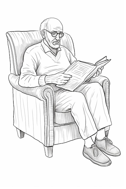 un dibujo de un hombre sentado en una silla leyendo un libro generativo ai