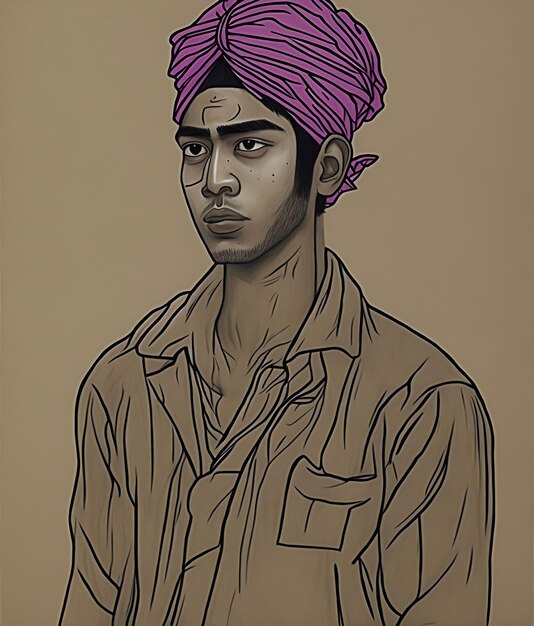 Un dibujo de un hombre con un turbante rosa en la cabeza.