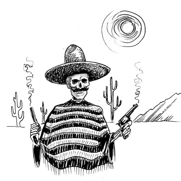 Un dibujo de un hombre vestido con un traje mexicano con un sombrero y una pistola.