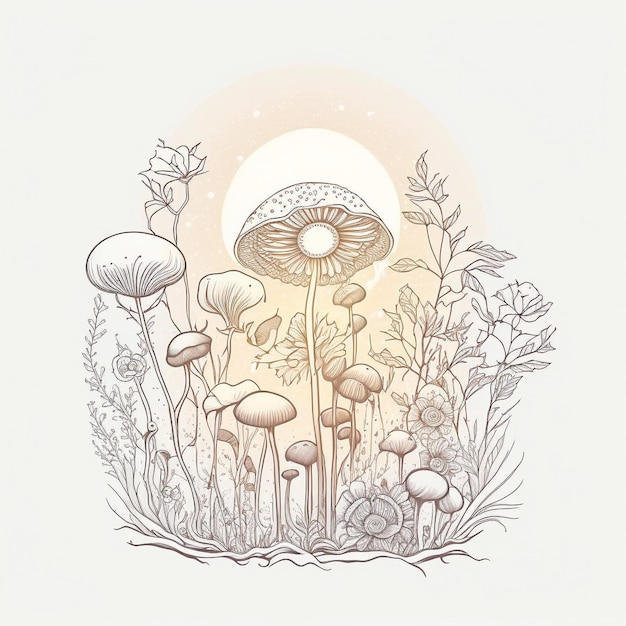 Un dibujo de un hongo con un sol y flores.
