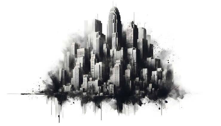 un dibujo de un horizonte de la ciudad con una imagen en blanco y negro de una ciudad