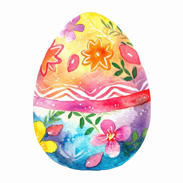 un dibujo de un huevo de Pascua pintado con flores y una cinta rosa