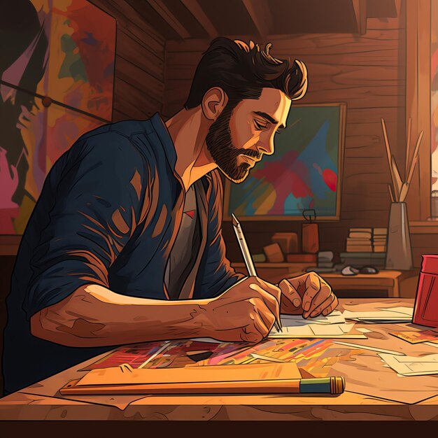 Foto dibujo ilustración de un hombre con lápiz dibujando y pintando en una mesa de madera dibujos animados coloridos