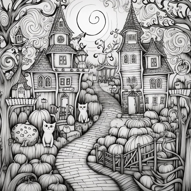 un dibujo de una imagen en blanco y negro de una ciudad de halloween ai generativo