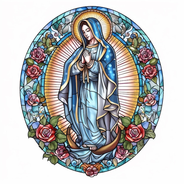 un dibujo de una imagen de vidriera de la Virgen María generativa ai