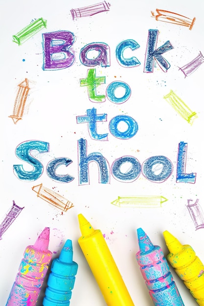 Dibujo infantil ingenuo con tiza de color en papel blanco hecho a mano por un niño texto De vuelta