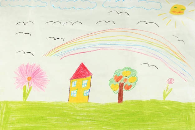Dibujo infantil multicolor con casa y flores