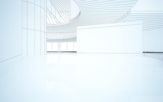 Dibujo interior blanco arquitectónico abstracto de una casa minimalista con grandes ventanales 3D