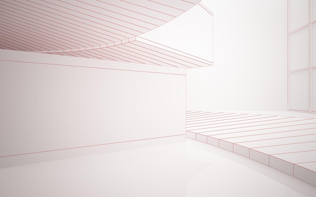 Dibujo interior blanco arquitectónico abstracto de una casa minimalista con grandes ventanales 3D