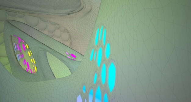 Dibujo interior blanco arquitectónico abstracto de una casa minimalista con grandes ventanales 3D