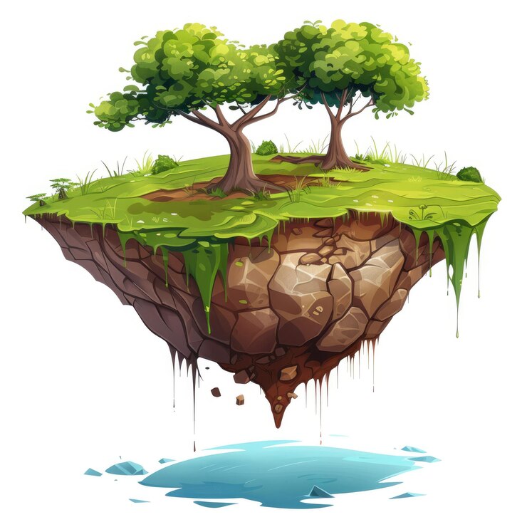 un dibujo de una isla rocosa con árboles en ella