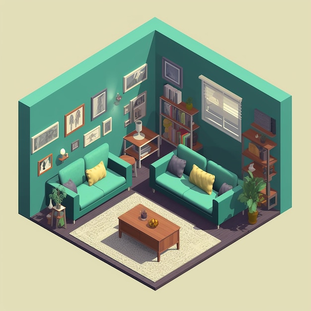Un dibujo isométrico de una sala de estar con sofá y mesa de café.