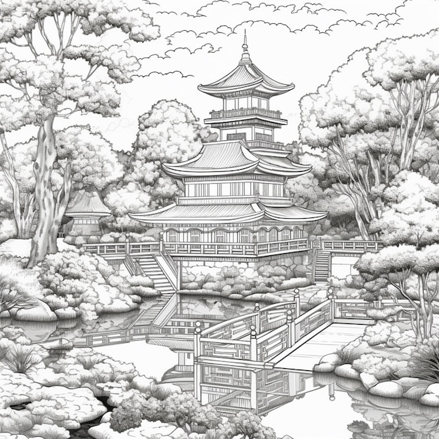 Un dibujo de un jardín japonés con una pagoda en el fondo