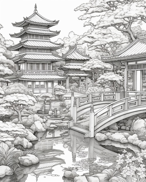 Un dibujo de un jardín japonés con un puente y una pagoda generativa ai