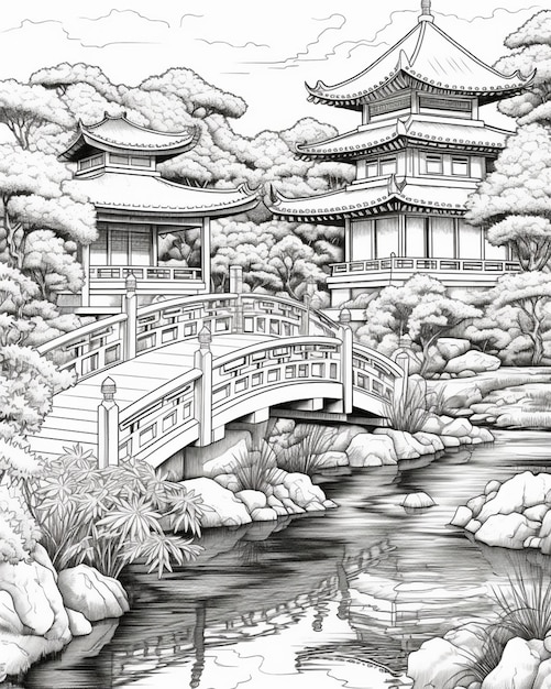 Un dibujo de un jardín japonés con un puente sobre un arroyo generativo ai