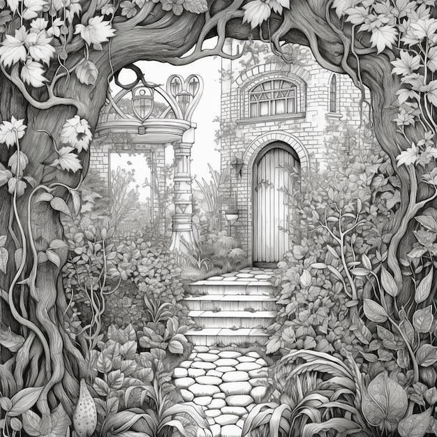 Un dibujo de un jardín con una puerta y flores generativas ai