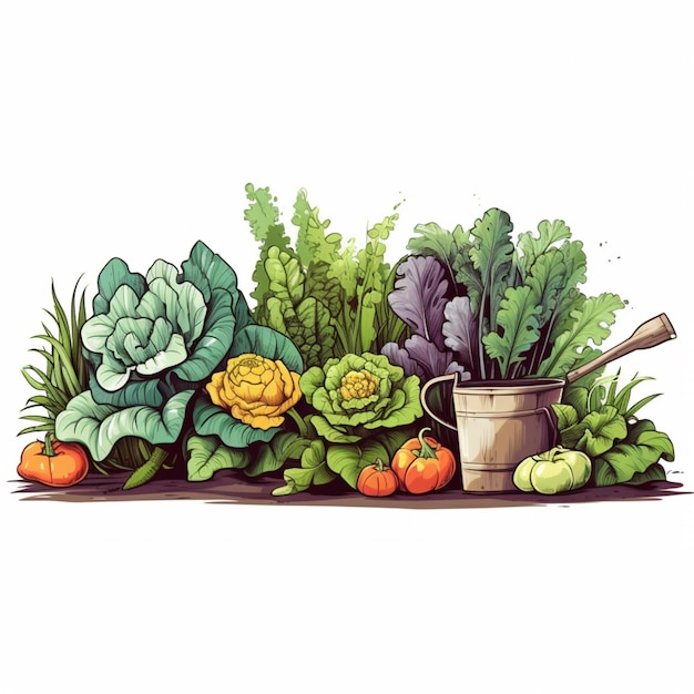 Un dibujo de un jardín con varios vegetales y una regadera generativa ai.