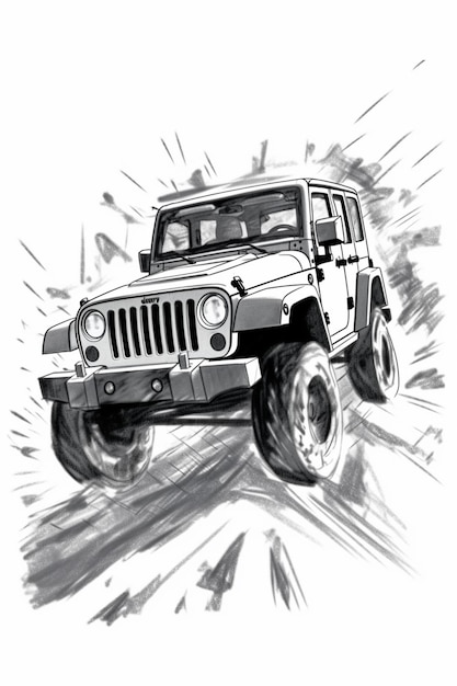 un dibujo de un jeep conduciendo por un camino de tierra ai generativo