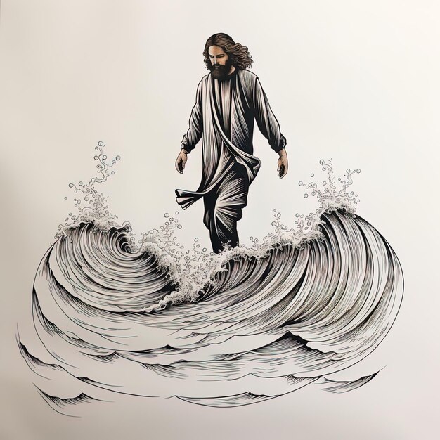 Foto un dibujo de un jesús en una tabla de surf con las palabras jesús en él