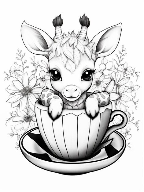 un dibujo de una jirafa sentada en una taza con flores ai generativo