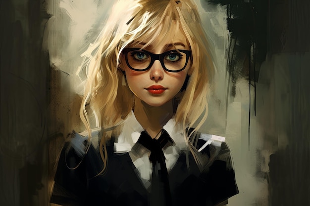 Dibujo de una joven rubia con gafas de acuarela