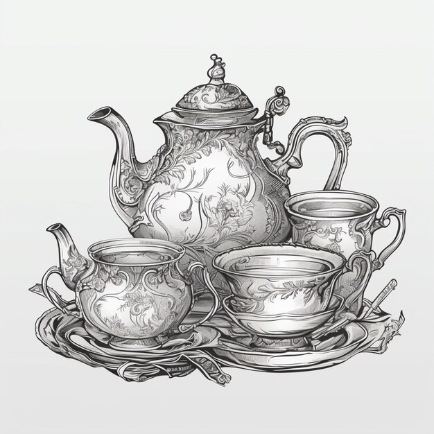 un dibujo de un juego de té con una tetera y tazas ai generativo