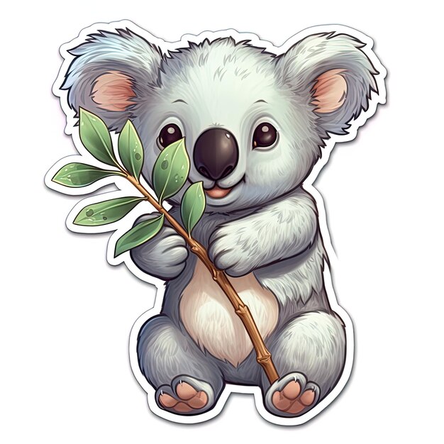 un dibujo de un koala sosteniendo una rama con una hoja verde.