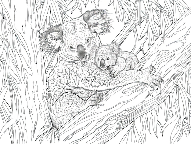 Un dibujo de un koala y su bebé en un árbol