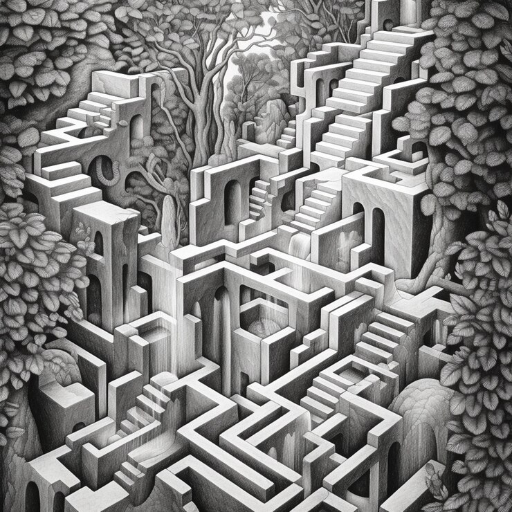 Foto un dibujo de un laberinto con un árbol y un hombre en el ai generativo medio.