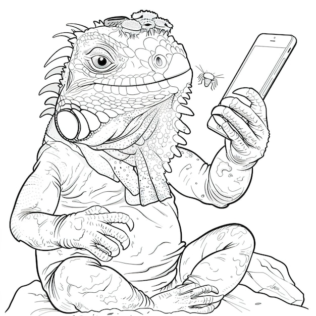 un dibujo de un lagarto sosteniendo un teléfono celular con una imagen de un lagardo en él