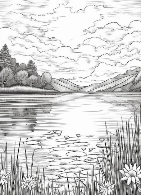 un dibujo de un lago con flores y árboles de fondo ai generativo