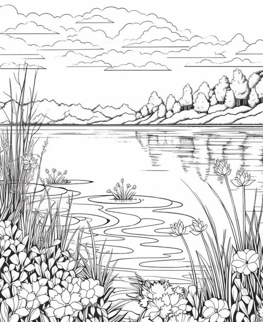 un dibujo de un lago con flores y hierba en primer plano ai generativo